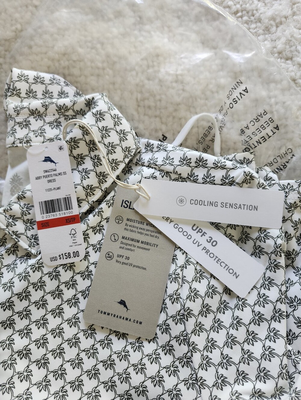 NWT Tommy Bahama Abby SS Short White Dress Palm-Print. Draw String Waist.